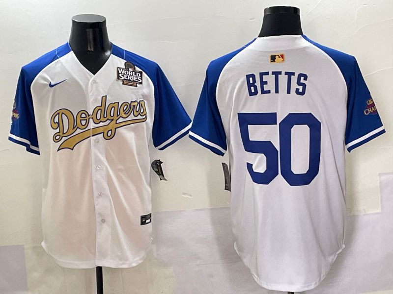 Men Los Angeles Dodgers 50 Betts White Blue Champion gold character Nike 2025 MLB Jersey style 5055